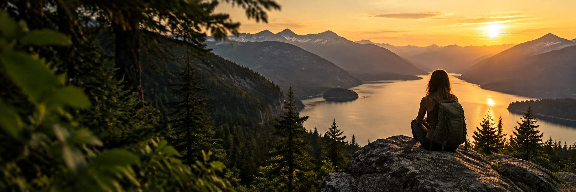 Persona seduta su una roccia davanti a un lago tra le montagne al tramonto
